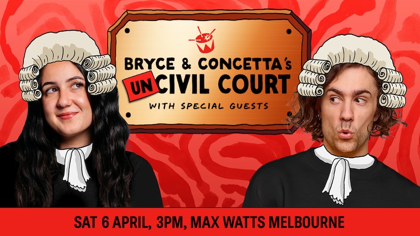 Bryce and Concetta with cartoon judges wigs on their heads against a red background and a plaque with event info text 