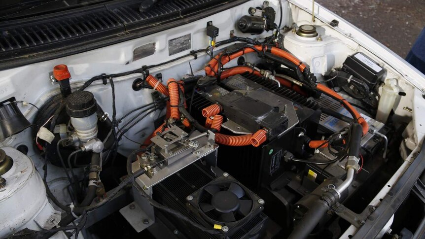 Inside the engine of an electric car.