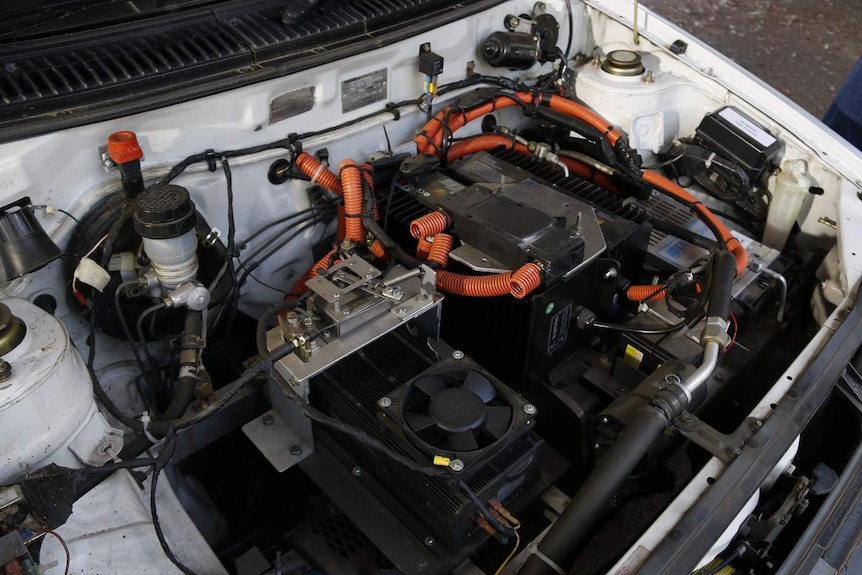 Inside the engine of an electric car.