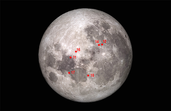 Apollo landing sites marked out on the moon