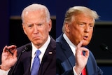 A composite image of Donald Trump and Joe Biden standing at microphones at podiums and gesturing with their hands.