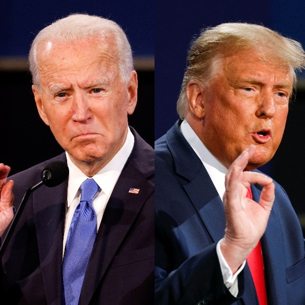 A composite image of Donald Trump and Joe Biden standing at microphones at podiums and gesturing with their hands.