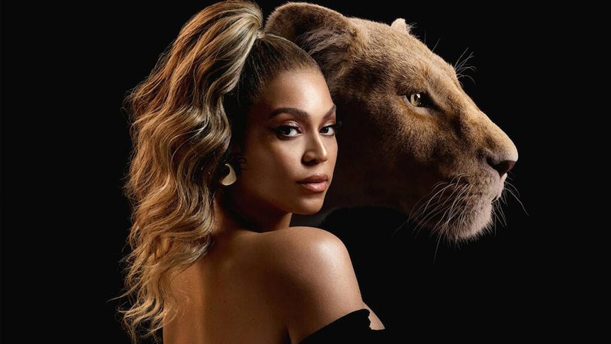 A press shot of Beyonce and the CGI Nala she plays in the 2019 version of The Lion King