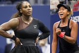 Serena has her hands on her hips, looking annoyed and Naomi looks triumphant