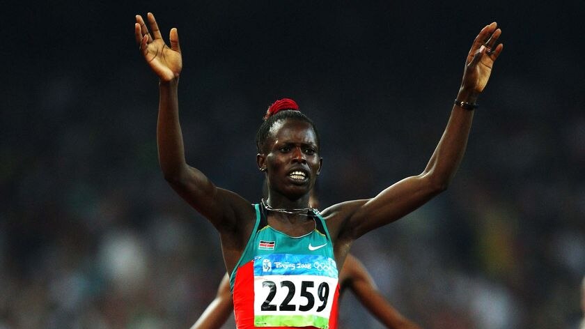 Pamela Jelimo celebrates winning gold in the women's 800m