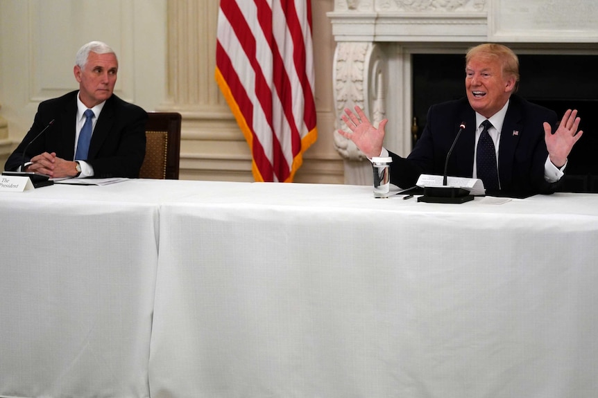US President Donald Trump gestures with his hands as Vice President Mike Pence looks on.