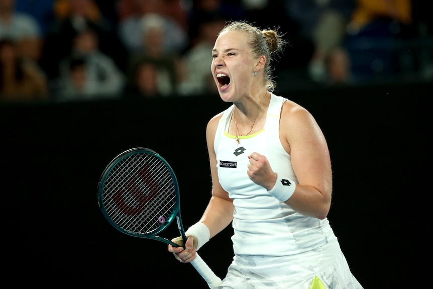 Anna Blinkova celebrates at the Australian Open