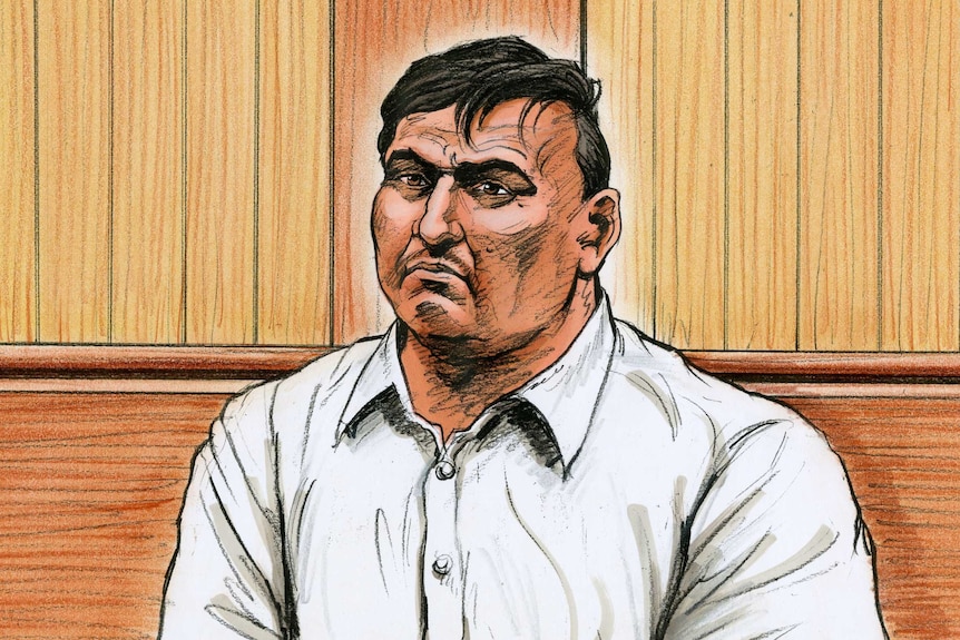A sketch of a man in a white shirt sitting on a wooden bench in a courtroom.