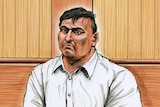 A sketch of a man in a white shirt sitting on a wooden bench in a courtroom.