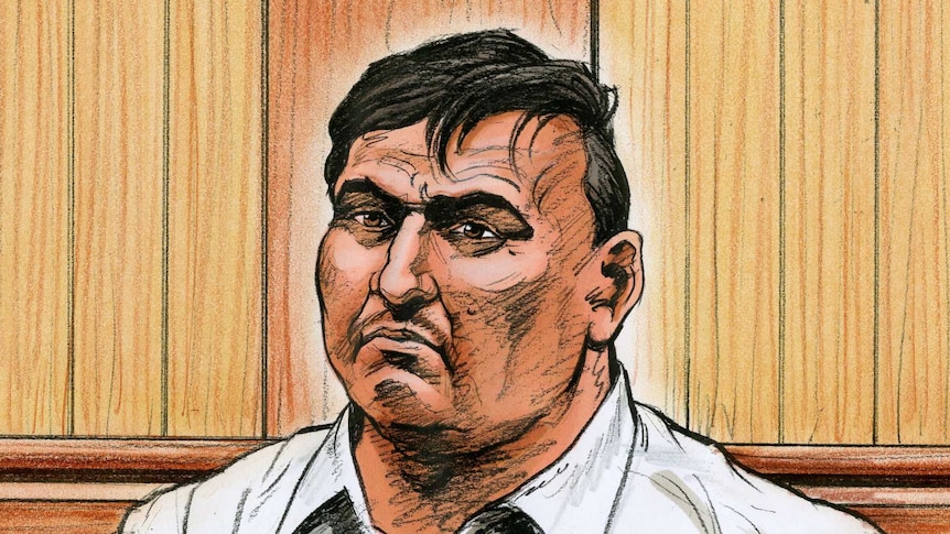 A sketch of a man in a white shirt sitting on a wooden bench in a courtroom.