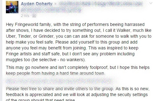 Online post about a group that will allow Fringe performers to link up to walk from one venue to another.