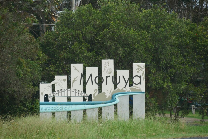 A sign spelling out 'moruya' using planks, plants painted on them. A bridge and a Eurobodalla sign in front, greenery behind.