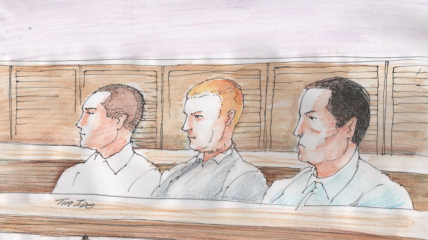 Court sketch of Mikel Higgins, Jesse Hunt and Korri Gebhardt.