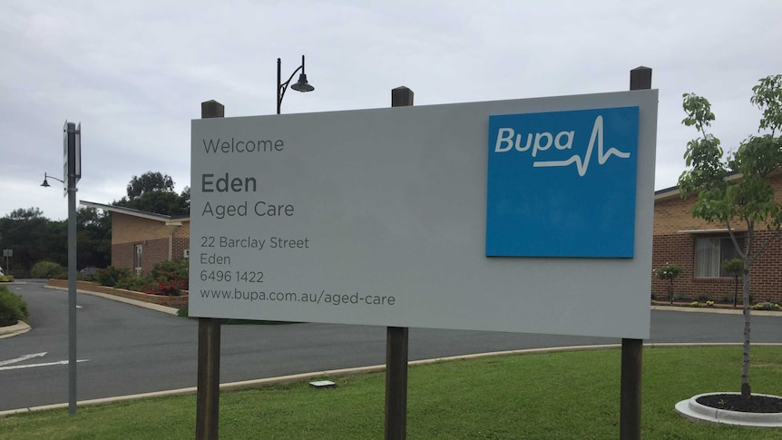 The sign and main driveway of the Eden Aged Care facility in NSW.