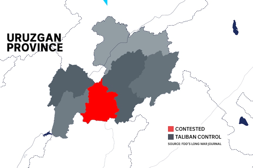 A map shows a patchwork of control between Taliban and government forces in Uruzgan Province.