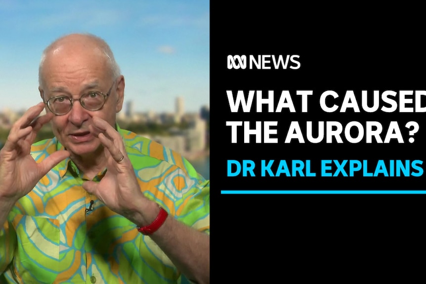 What Caused The Aurora, Dr Karl Explains: Man in lime, yellow and orange shirt gestures hands at screen.