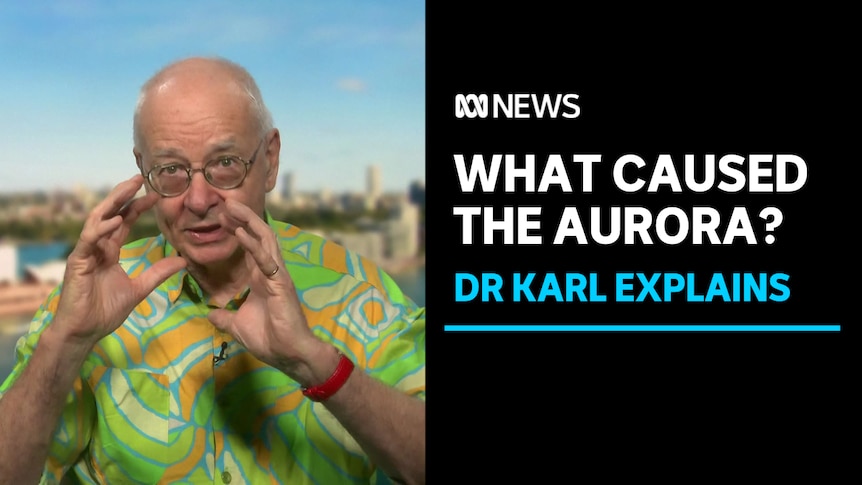 What Caused The Aurora, Dr Karl Explains: Man in lime, yellow and orange shirt gestures hands at screen.