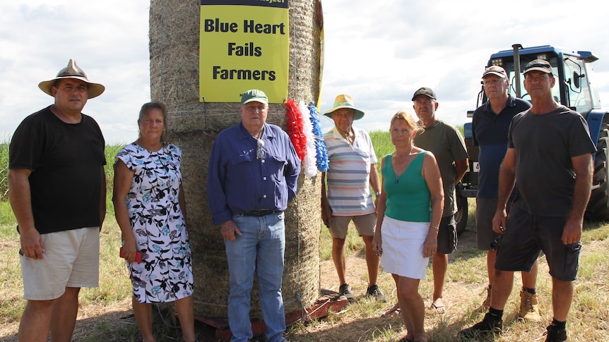Six men and two women in casual clothes stand in front of hay bales with a yellow  'Stop the Blue Heart project' poster