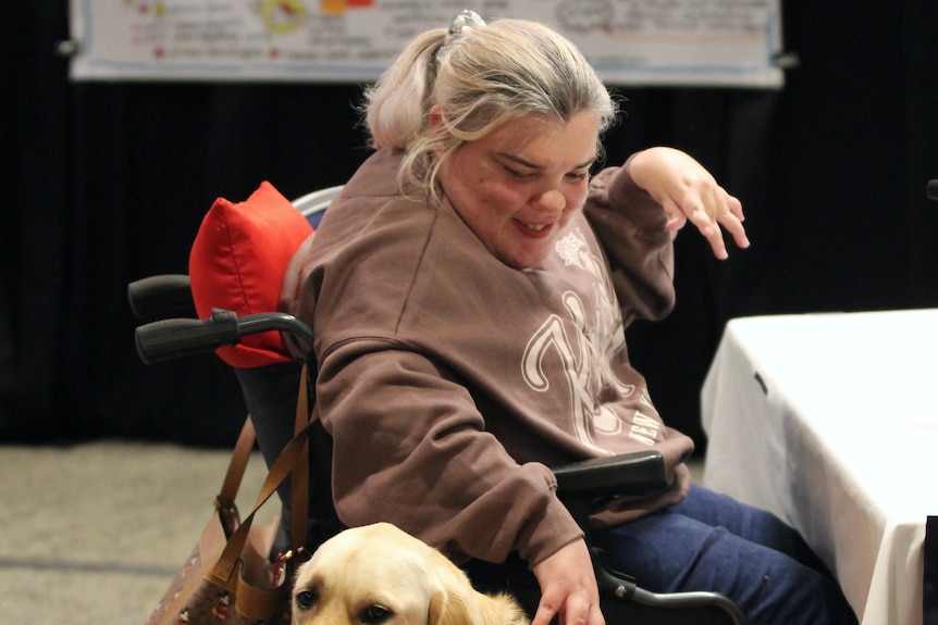 A woman sitting in a wheelchair next to a dog