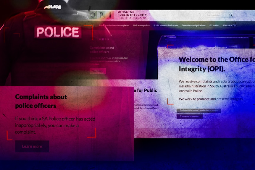 An artistic graphic showing a police officer and text about police complaints.