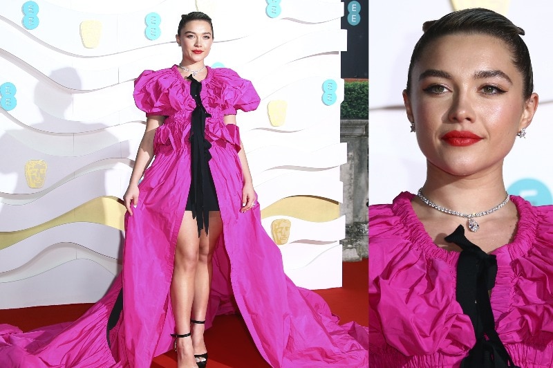 A composite image of Florence Pugh wearing a long pink cape with bunched sleeves over a short black dress.