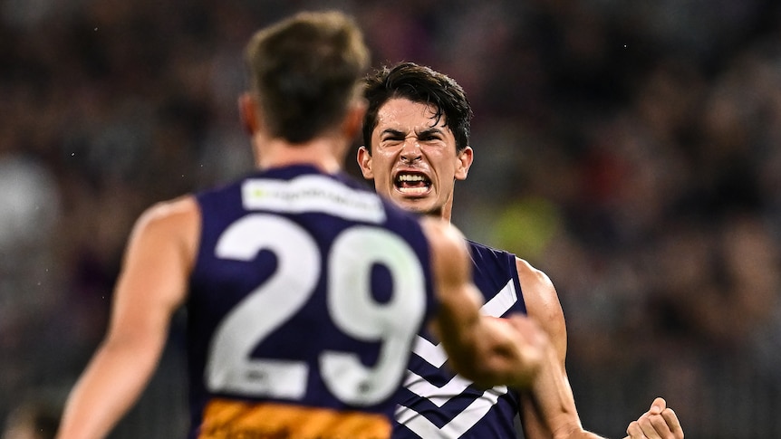 A Fremantle Dockers player yells in celebration after kicking a vital goal in a match.
