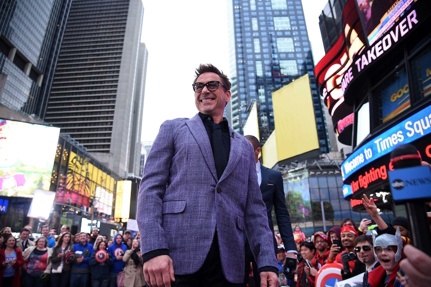 Robert Downey Jr stands in Times Square, New York to promote Marvel's Avengers: Age of Ultron