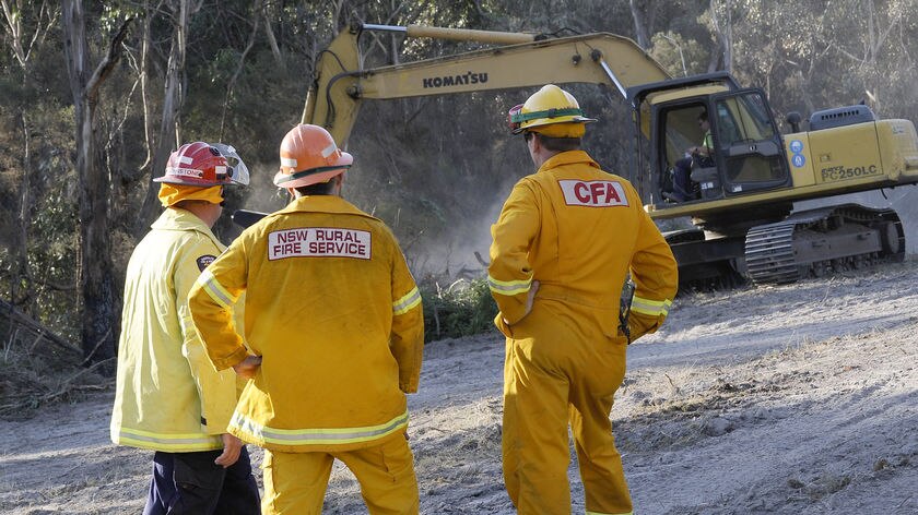 Senior firefighters from Queensland, New South Wales and Victoria watch an excavator