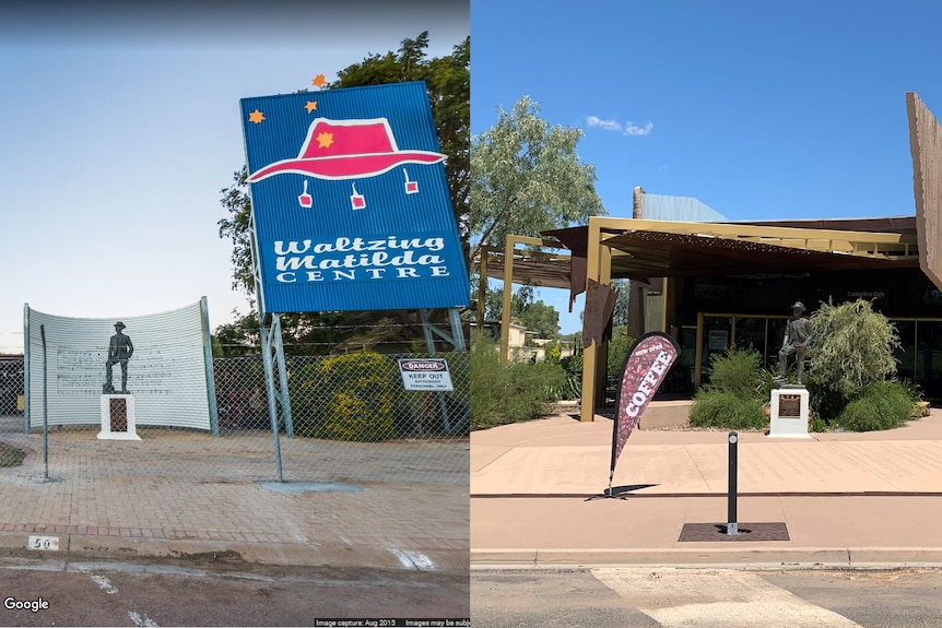 A before and after of Winton’s main street, pictured is the Waltzing Matilda Centre before and after it burnt down.