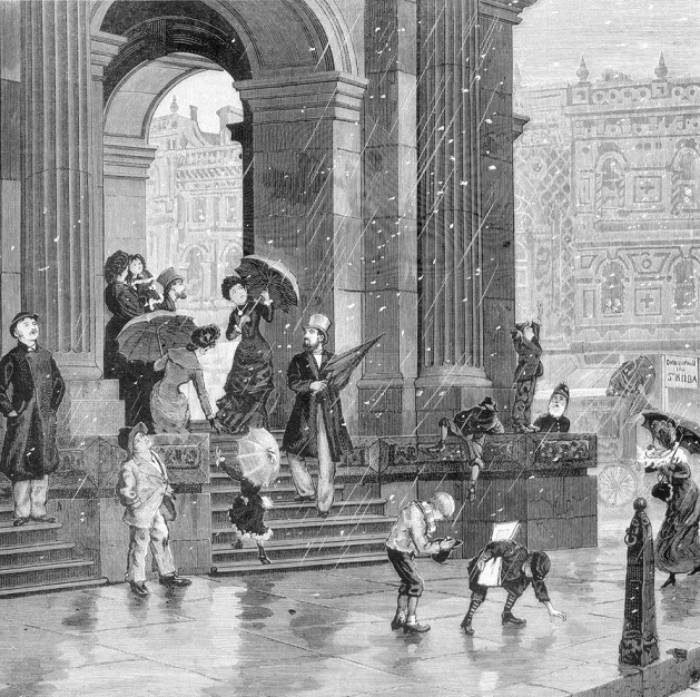 1882 drawing of  ladies with long dresses and parasols, men in top hats sheltering from the snow and boys playing in it.