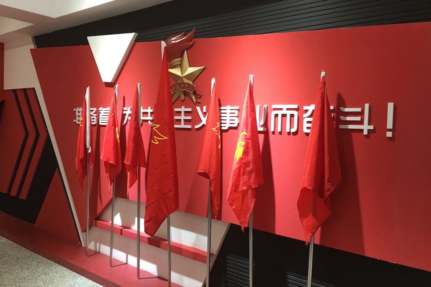 In the Young Pioneers Room of an elementary school in China, there are several national flags and the Young Pioneers team badges, and the wall says 