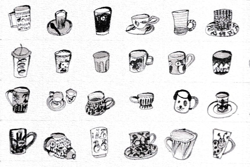 Black and white sketch of 24 mugs, teacups and cups.