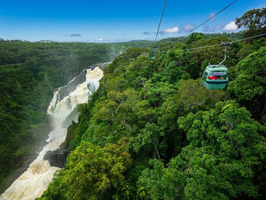 cableway gondola above rainforest trees and large waterfall 