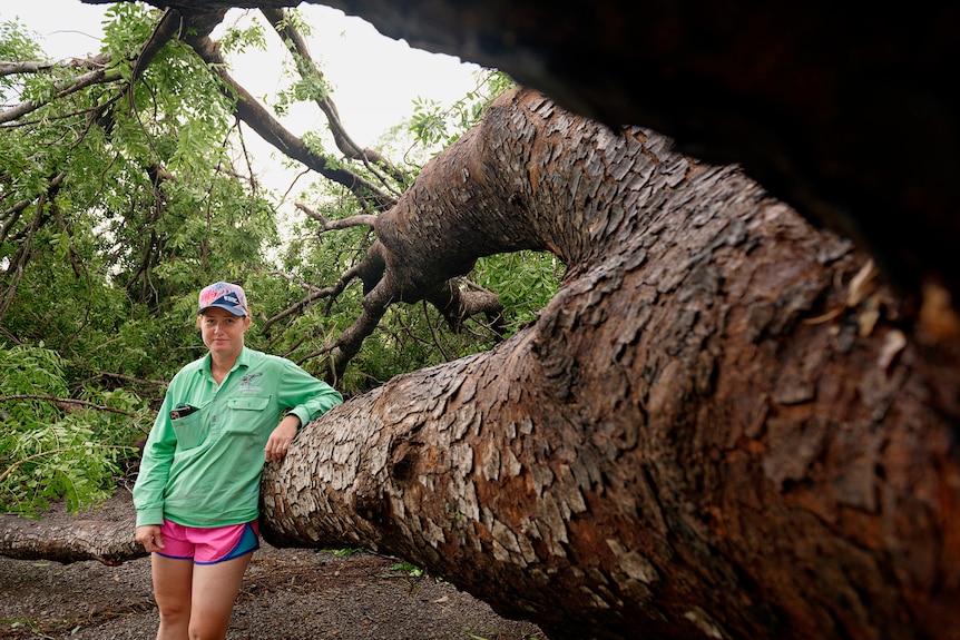 A woman stands next to a large mahogany tree that fell on her property in Katherine.
