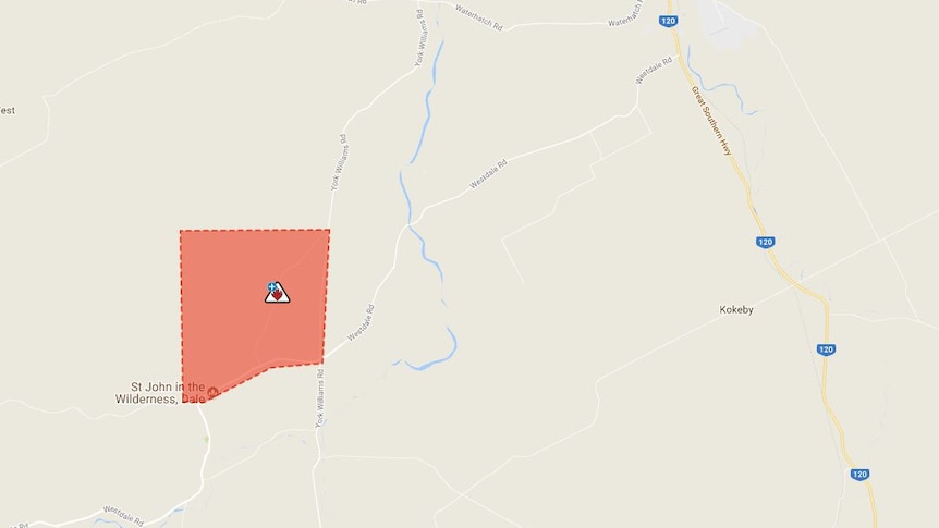 A map showing the area affected by the bushfire emergency warning.