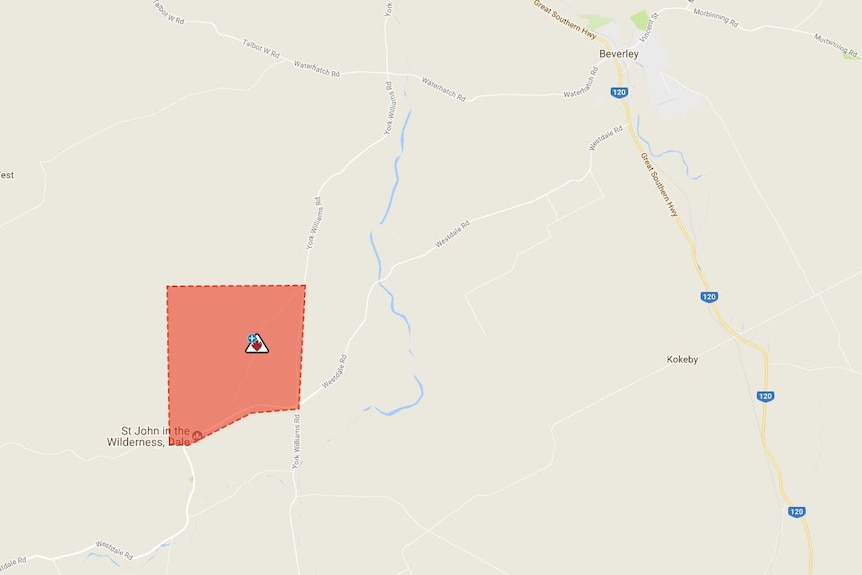 A map showing the area affected by the bushfire emergency warning.