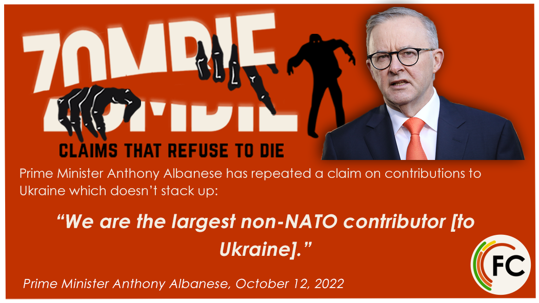 Orange background with a cutout of Anthony Albanese and his quote. Title says "ZOMBIE" sub: "Claims that refuse to die"