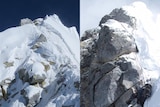 Two photos of the Hillary Step side by side. The 2013 photo shows a rocky outcrop and the 2016 photo is more of a slope.