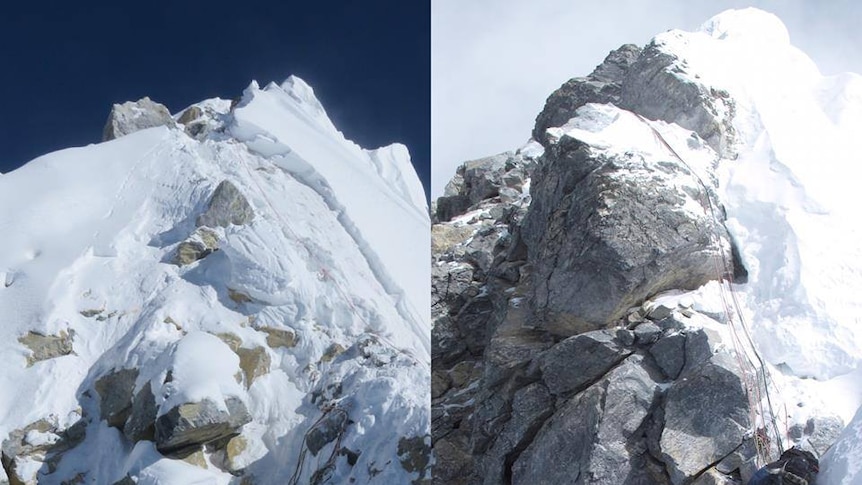Two photos of the Hillary Step side by side. The 2013 photo shows a rocky outcrop and the 2016 photo is more of a slope.