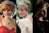 A composite pic with Princess Diana in the centre, and two young screen versions either side.