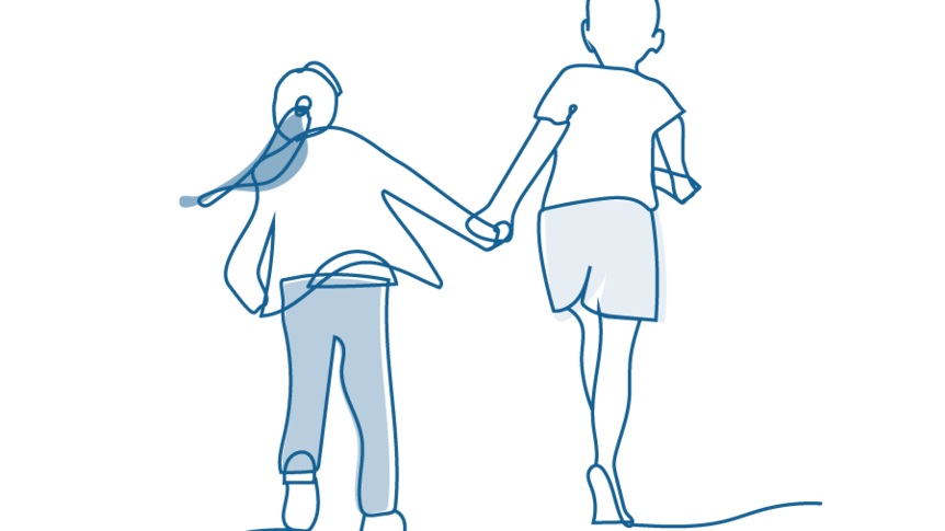 An illustration of two children holding hands, skipping away.