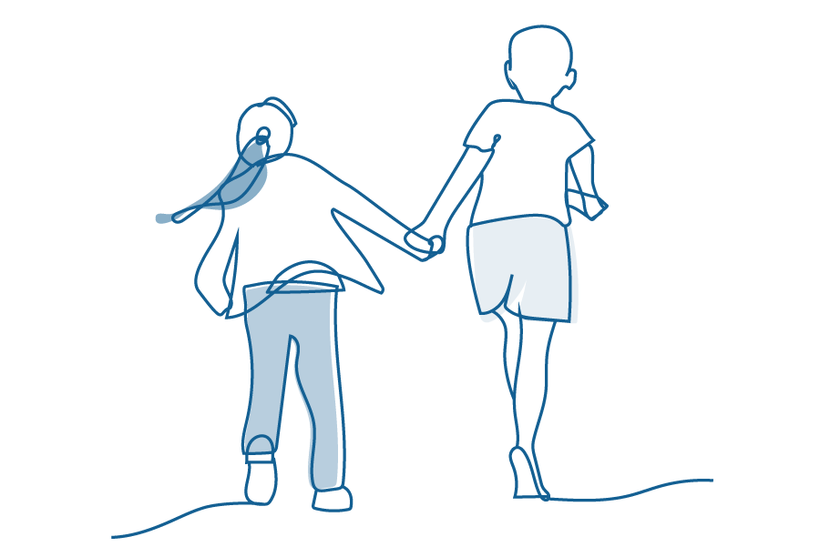 An illustration of two children holding hands, skipping away.