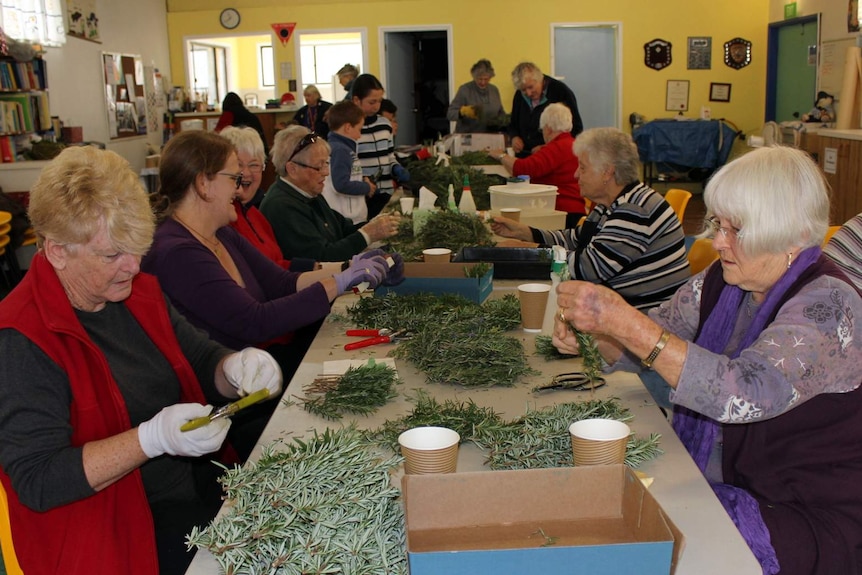 Volunteers preparing rosemary sprigs for Anzac Day in the Guides Hall at Wanniassa, ACT.