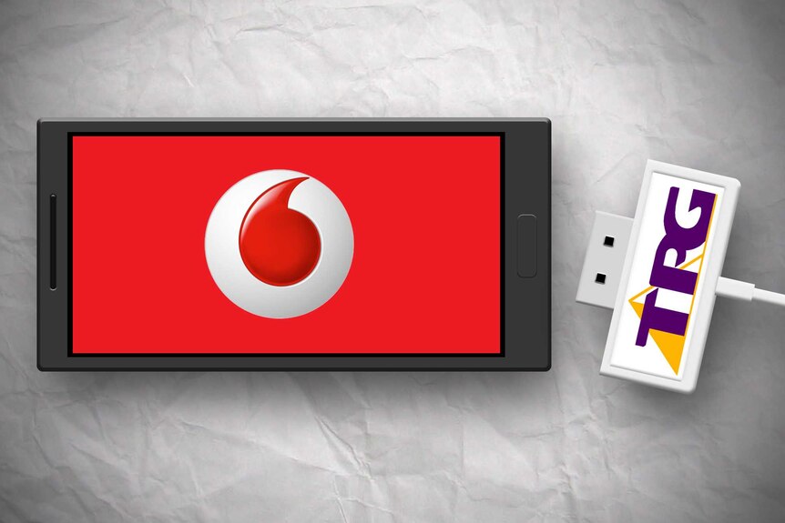 A mobile phone with a Vodafone logo next to an unplugged cord with the TPG logo.