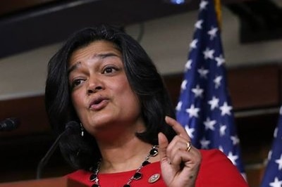 A photo of Pramila Jayapa during a speech.