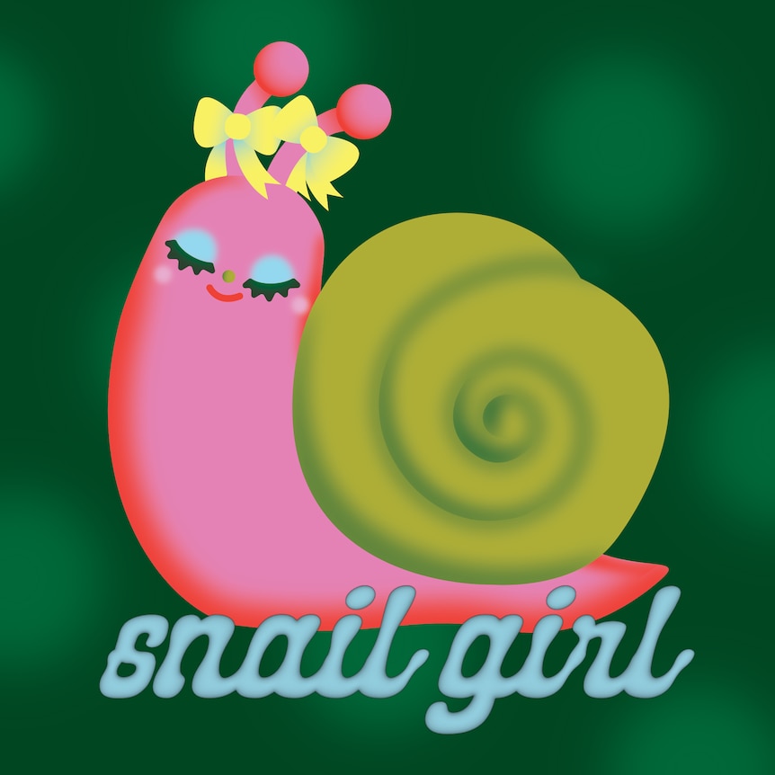 A snail with feminine energy and a little bow, text reads 'Snail Girl'