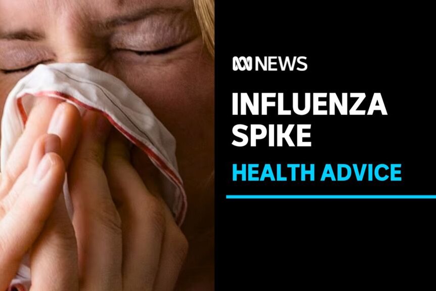 Influenza Spike, Health Advice: Close up of blonde woman sneezing into white hanker chief with red trim. 