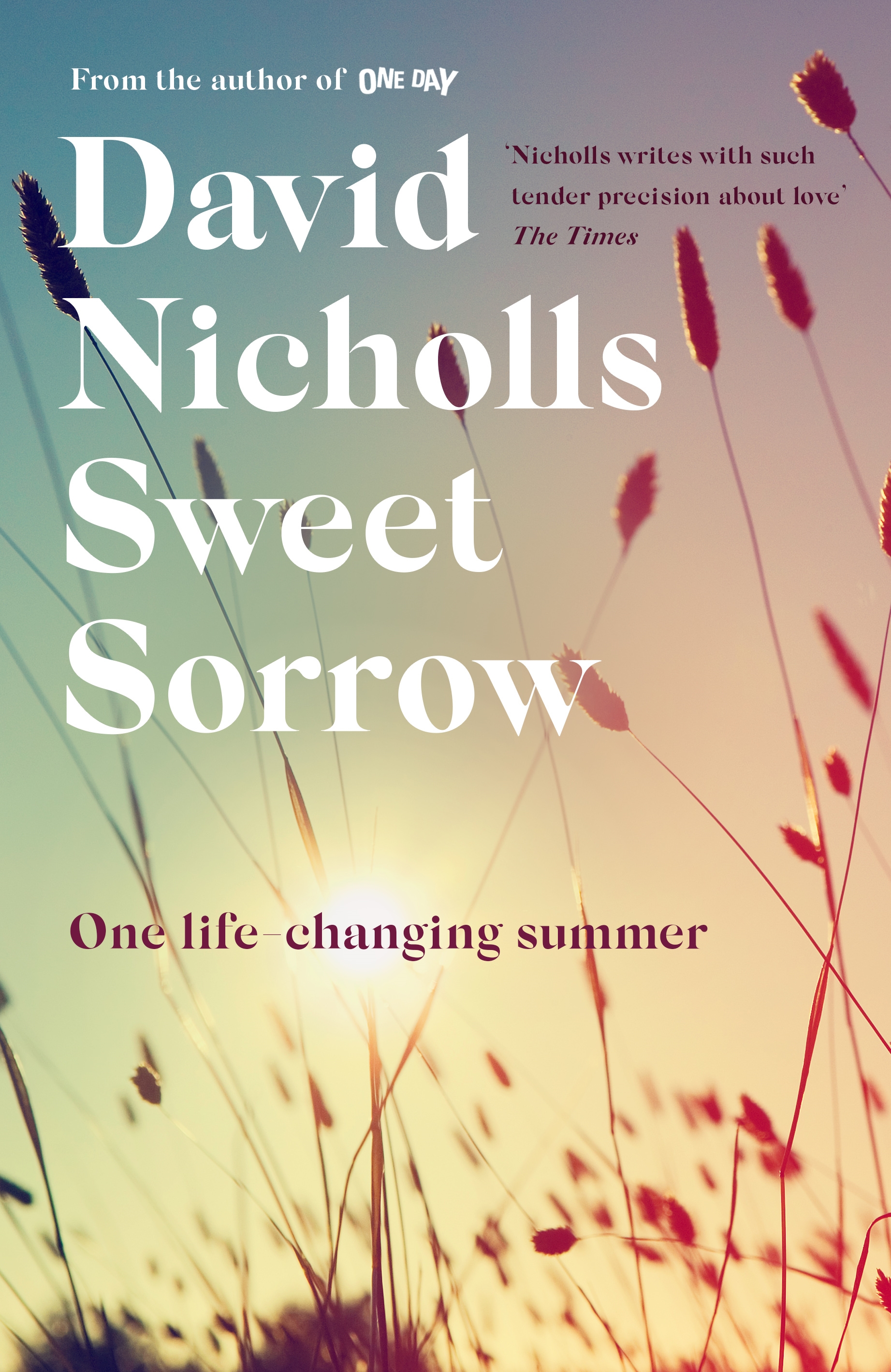 Sweet Sorrow by David Nicholls book cover, featuring a sun rise with sprigs of wheat in the foreground