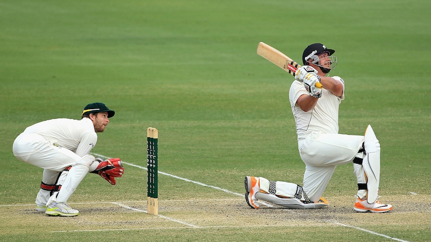 Jesse Ryder hits a six against Australia A