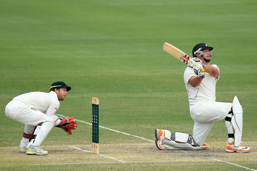 Jesse Ryder hits a six against Australia A